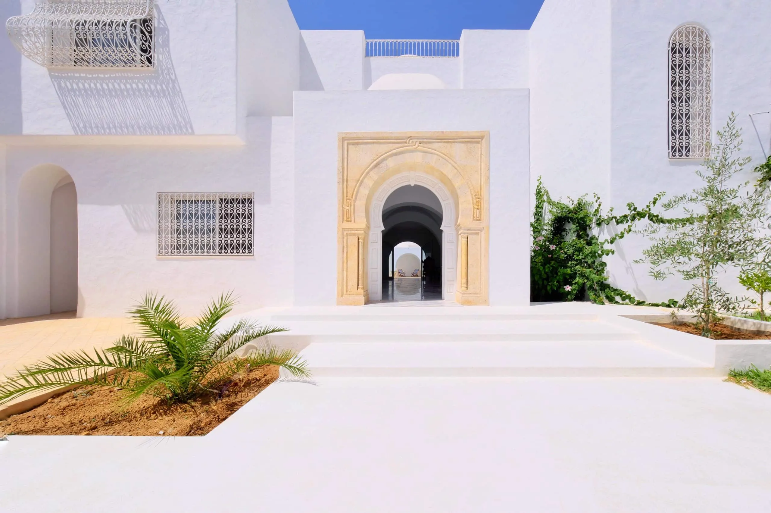 Entrance door framed in carved Dar Chaâbane stone